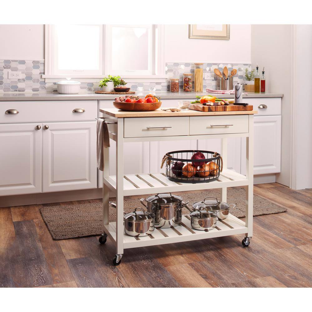 StyleWell Glenville Cream White Rolling Kitchen Cart with Butcher Block Top Double-Drawer Storage and Open Shelves (36