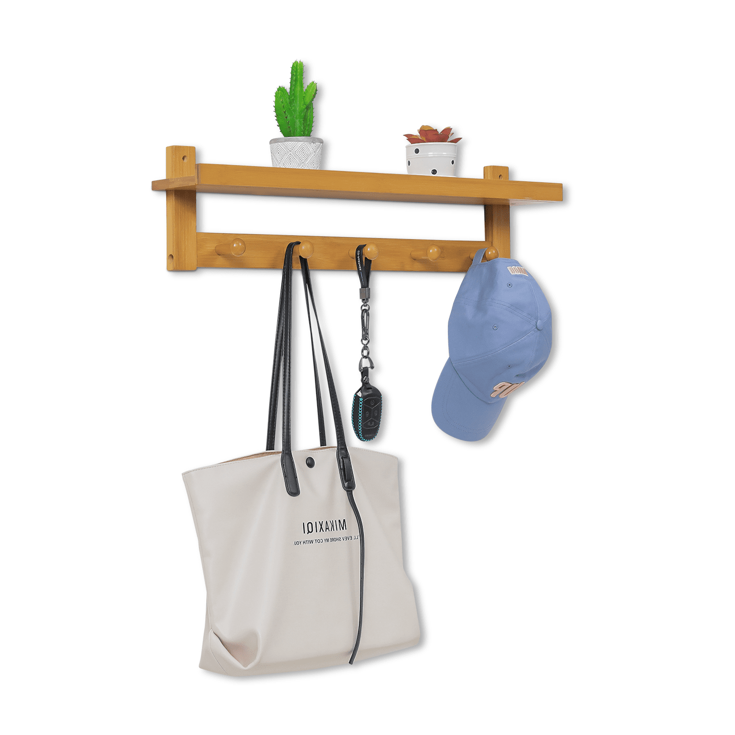 MoNiBloom Bamboo 5 Hooks Wall Mounted， Modern Hat Coat Hanger Rack， with Display Shelf， Natural， for Home