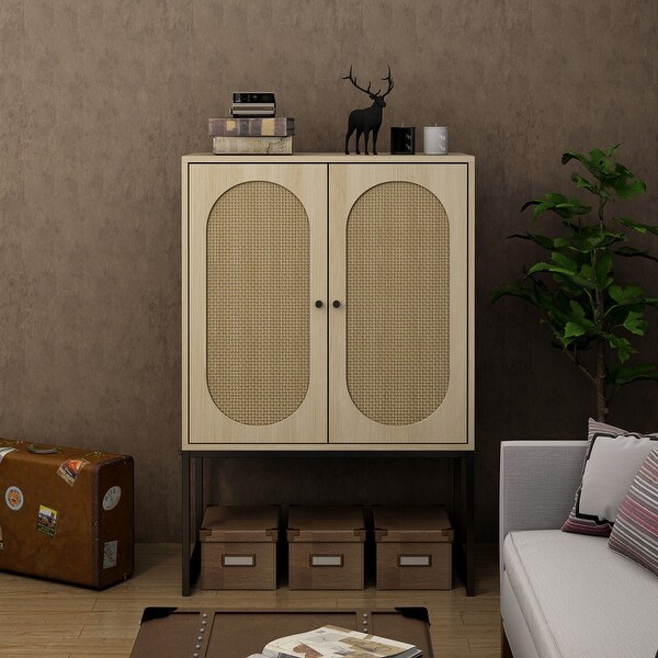 2-Door Rattan Accent Storage Cabinet Tall with Adjustable Shelf