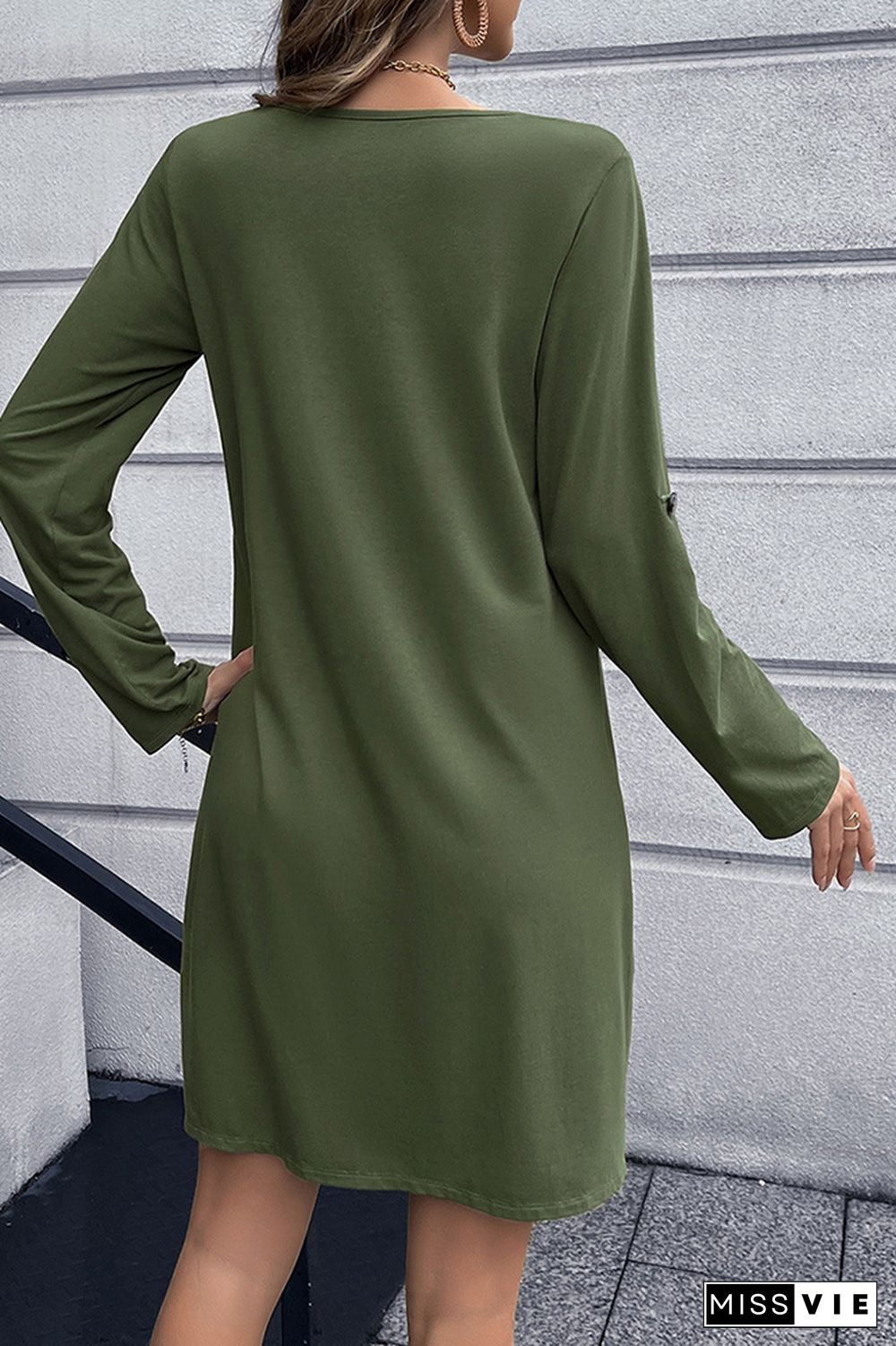 V Neck Front Open Button Long Sleeves Dress