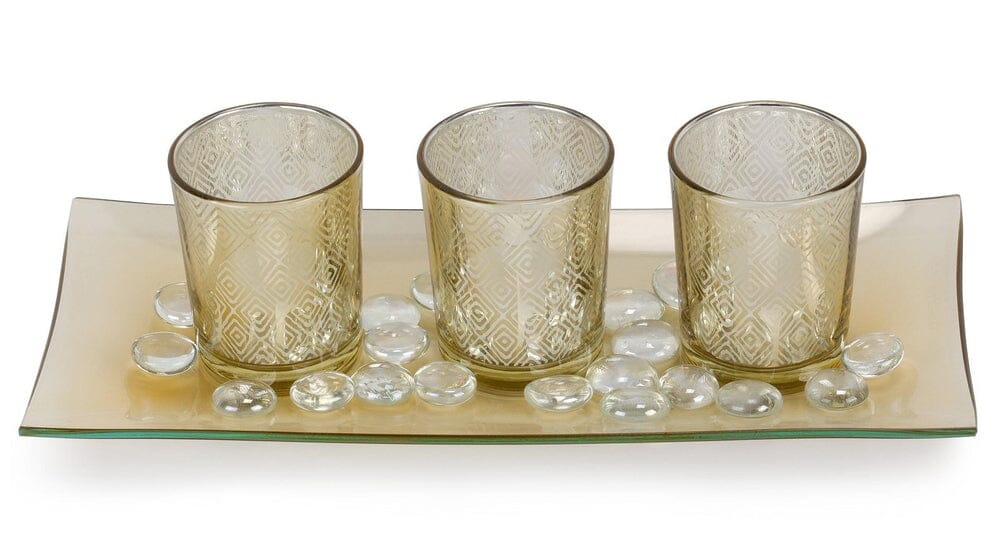 Decorative Glass Candle Holder Set with LED Tealights, Ornamental Glass Stones & Glass Tray