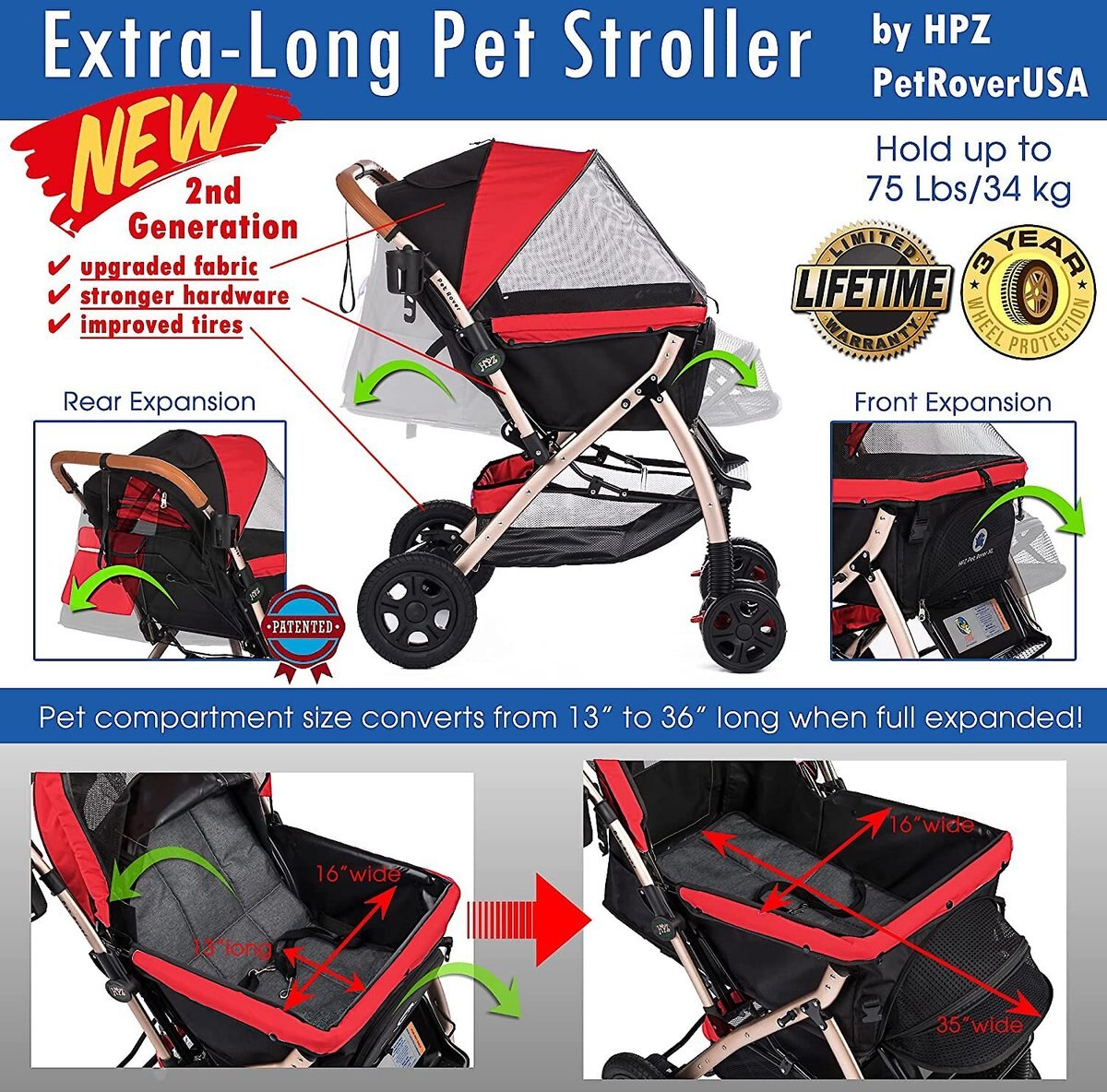 HPZ Rover G2 Premium Expandable No-Zip Dog and Cat Stroller