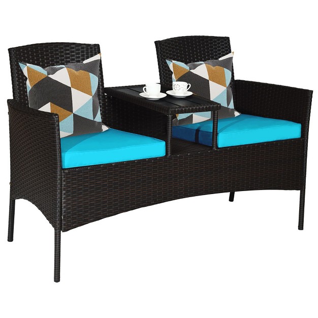 Costway Patio Rattan Conversation Set Loveseat Sofa Cushioned Coffee Table Turquois red