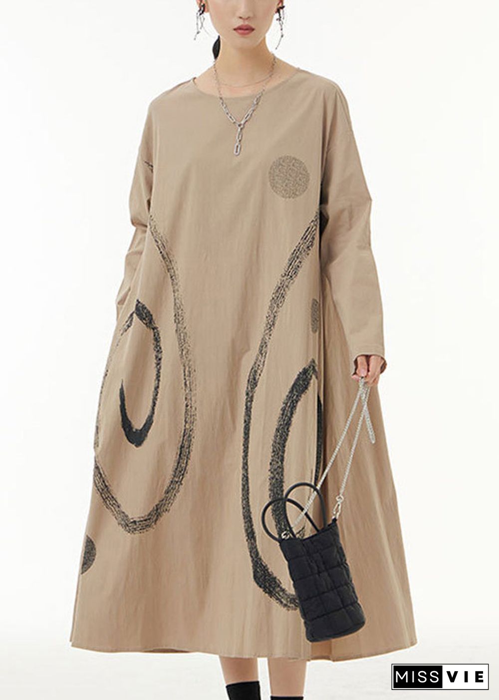 Khaki Print Cotton Long Dress O-Neck Oversized Spring