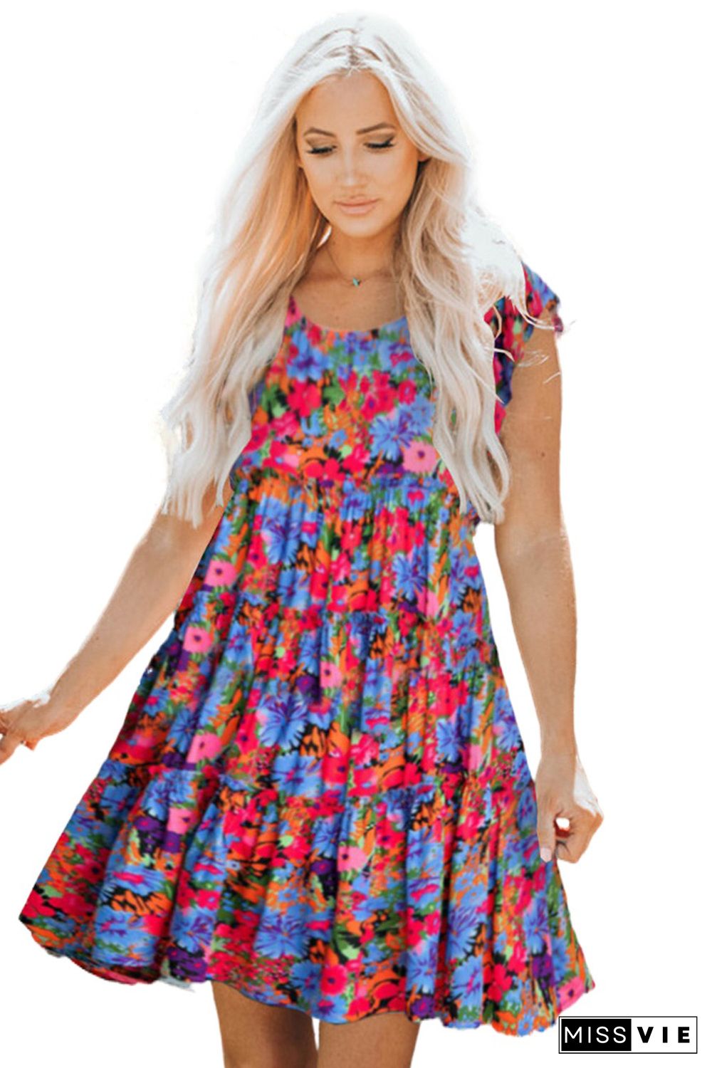 Multicolor Floral Short Sleeve Ruffle Mini Dress