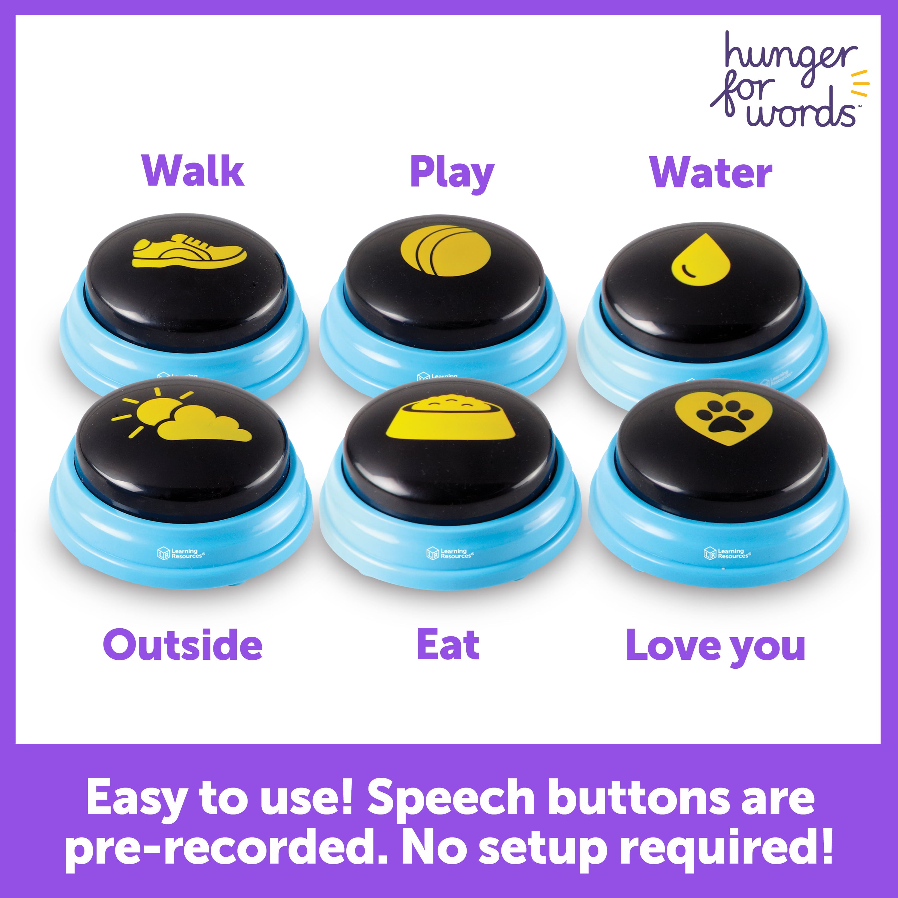 Hunger for Words Talking Pet Essential Words 6-Piece Buttons for Dog Communication， Dog Toys