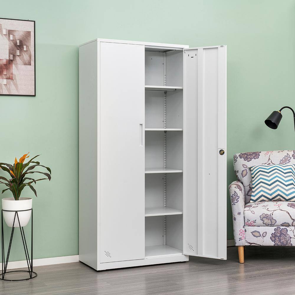 🎉Limited Time Offer🎉White Metal Storage Cabinet with 2-Doors and 4 Shelves Lockable Tall Cabinet for Home Office Garage Kitchen Pantry ZT-W25262850