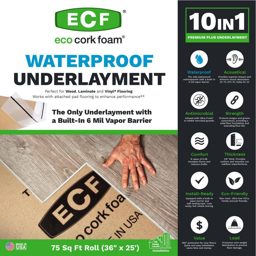 Eco Cork Foam 75 sq. ft. 3 ft. x 25 ft. x 3.2 mm Waterproof Premium Plus 10-in-1 Underlayment - Vinyl Plank Laminate Engineered Wood 220000503