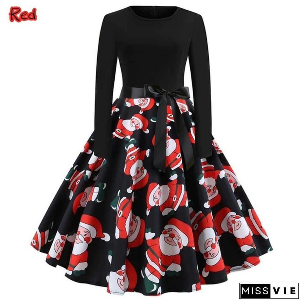 Fashion Women's Christmas Swing Party Dress Printing Long Sleeve Festival Prom Belt Dresses Evening Round Collar Halloween Female Dress.