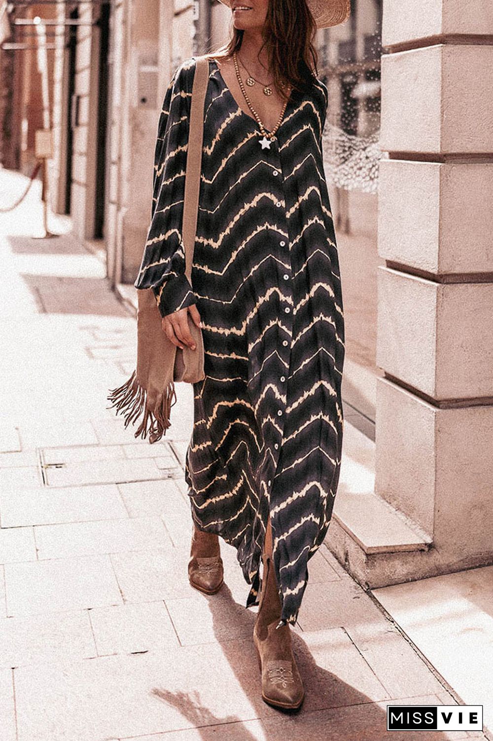 Boho Print V Neck Button Up Dress