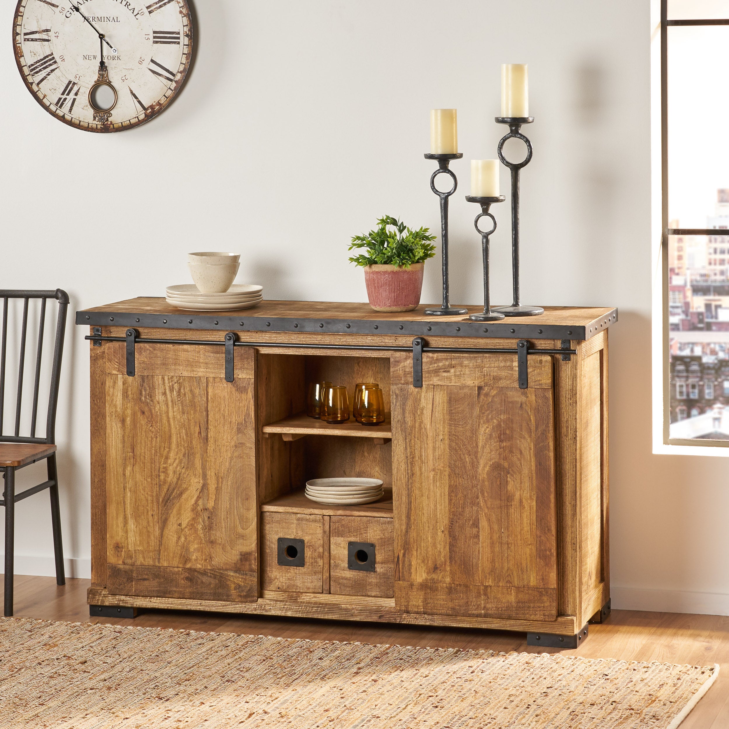 Phoebe Modern Industrial Mango Wood Sideboard, Natural Finish and Black