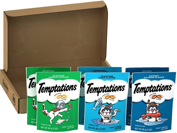 Temptations Classic Seafood Lovers Variety Pack Soft and Crunchy Cat Treats， 3-oz bag， case of 6