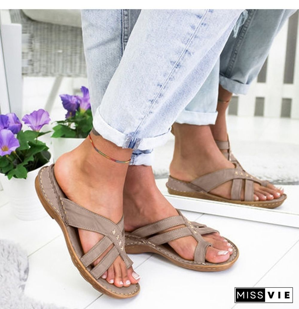 Summer Sandals Women Comfy Slippers Roman Leather Wedge Sandals Low Heels Beach Shoes Casual Flip Flops Sandalia Feminina