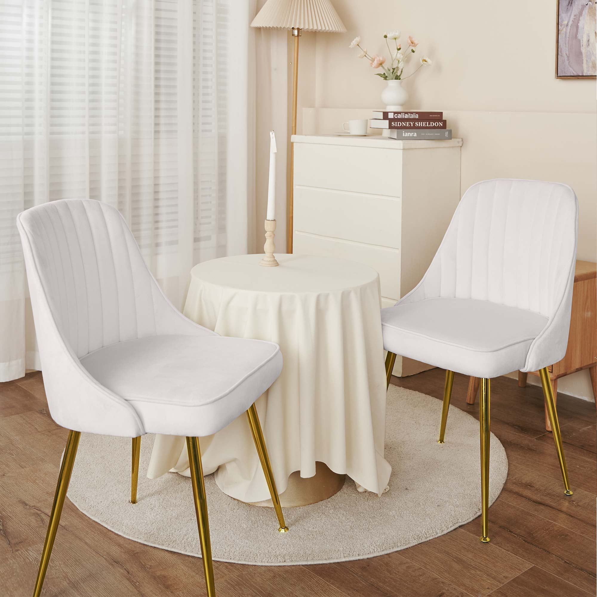 MOJAY Velvet Dining Chairs with Golden Legs， Set of 2， White