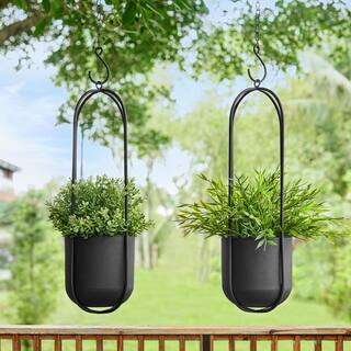 DANYA B Walter 2-Piece Modern Black Metal Oval Hanging Planter Set with Chain Hanging Option SE24396