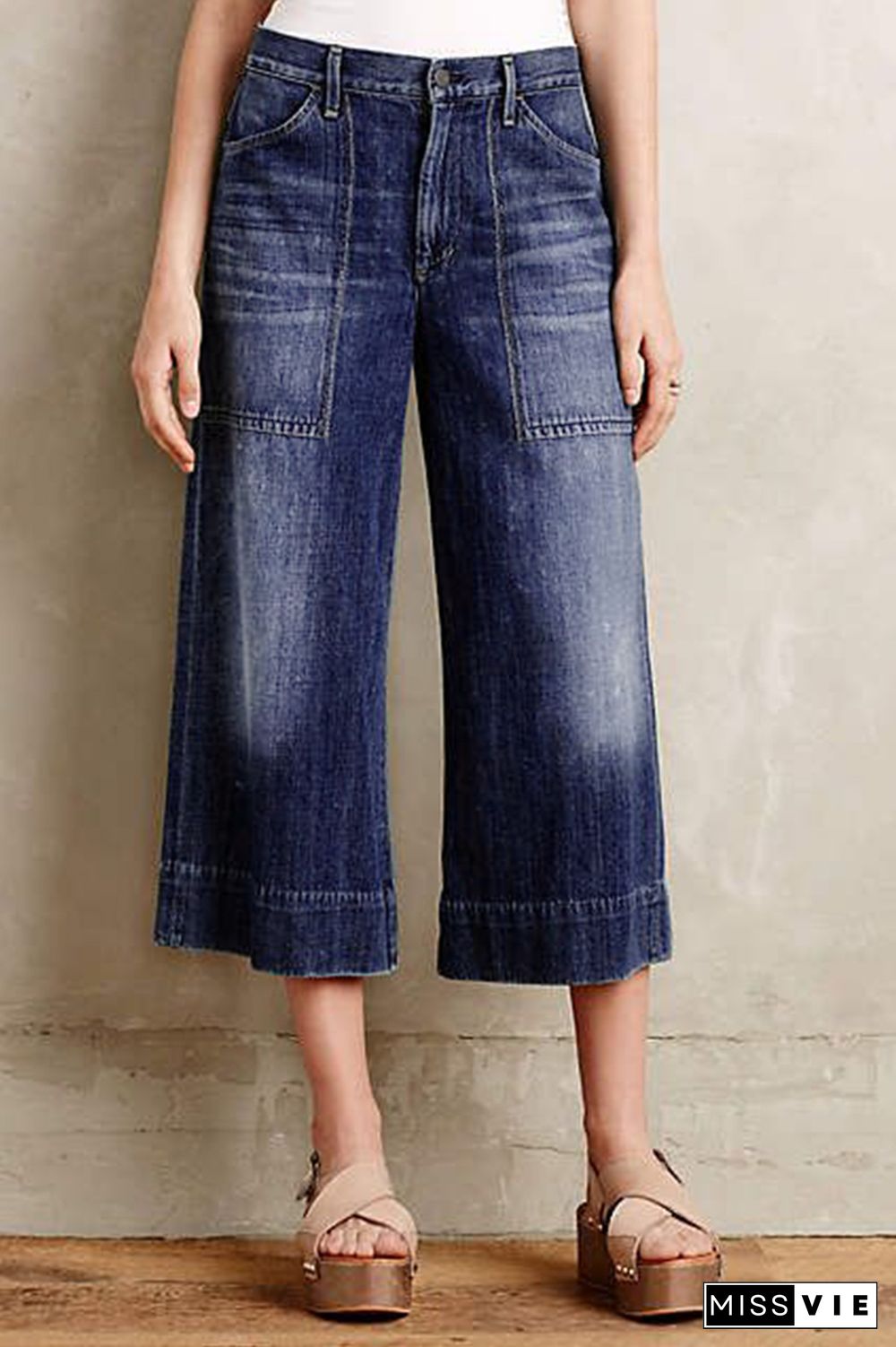 Slant Pocket Wide Leg High Rise Crop Jeans