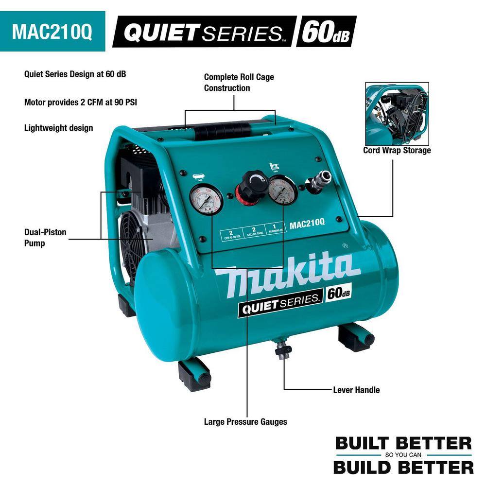 Makita Quiet Series 2 Gal. 135 PSI 1 HP Oil-Free Portable Corded Electric 60 dBA Air Compressor (6.5 CFM at 90 PSI) MAC210Q