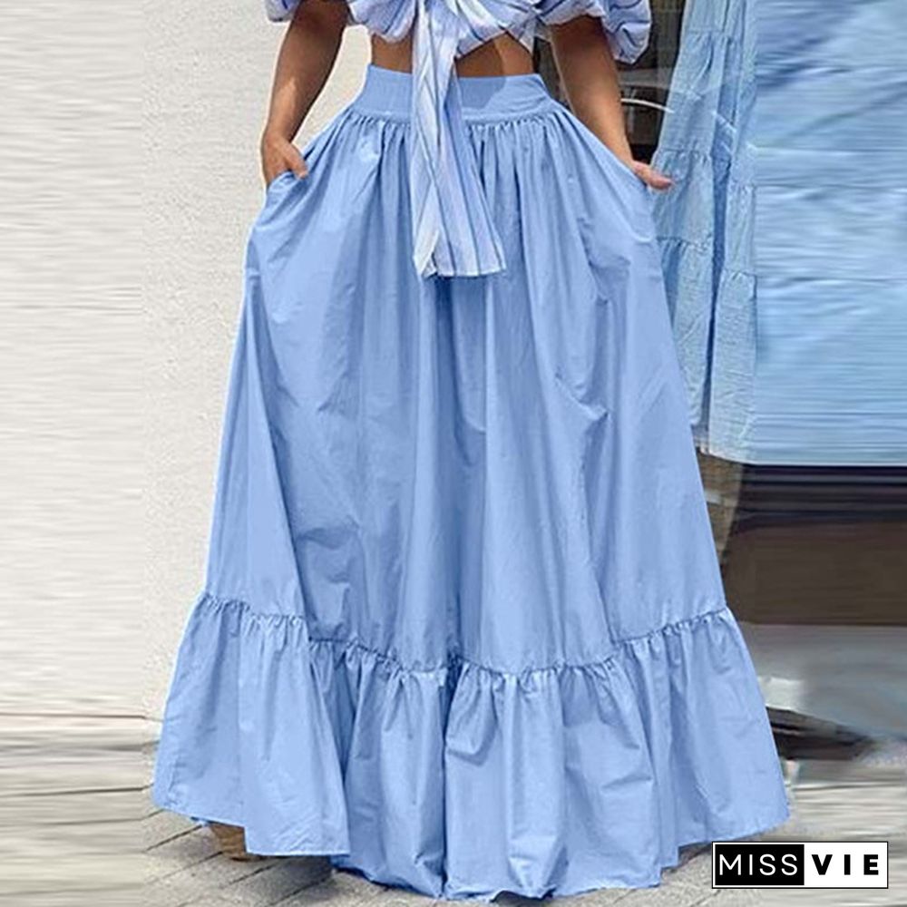 Women Umbrella Long Skirt Dress High Waist Ruffle Hem Casual Pleated Maxi Skirts Plus Size