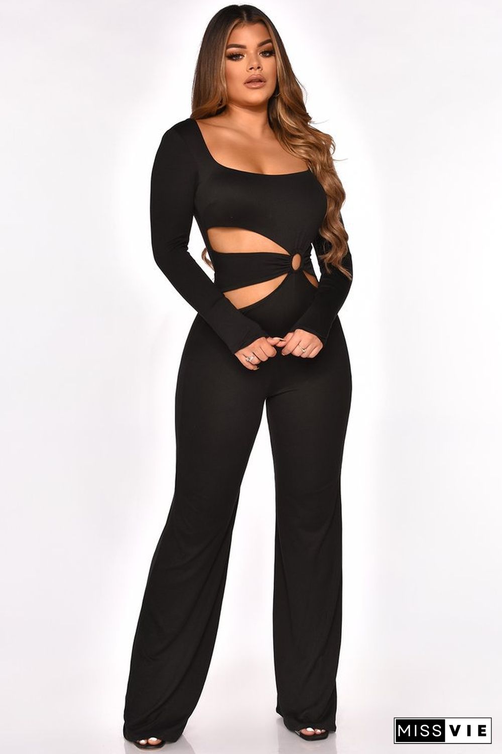 Hollow Out Square Neck High Waist Wide Leg Jumpsuit