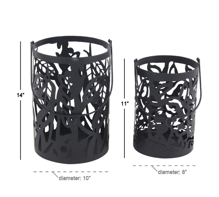 Decmode Eclectic 11 And 14 Inch Round Black Iron Candle Lanterns - Set of 2