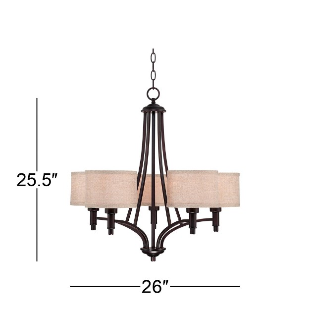 Wide Rustic Oatmeal Linen Shade 5 light Fixture For Dining Room Kitchen Island