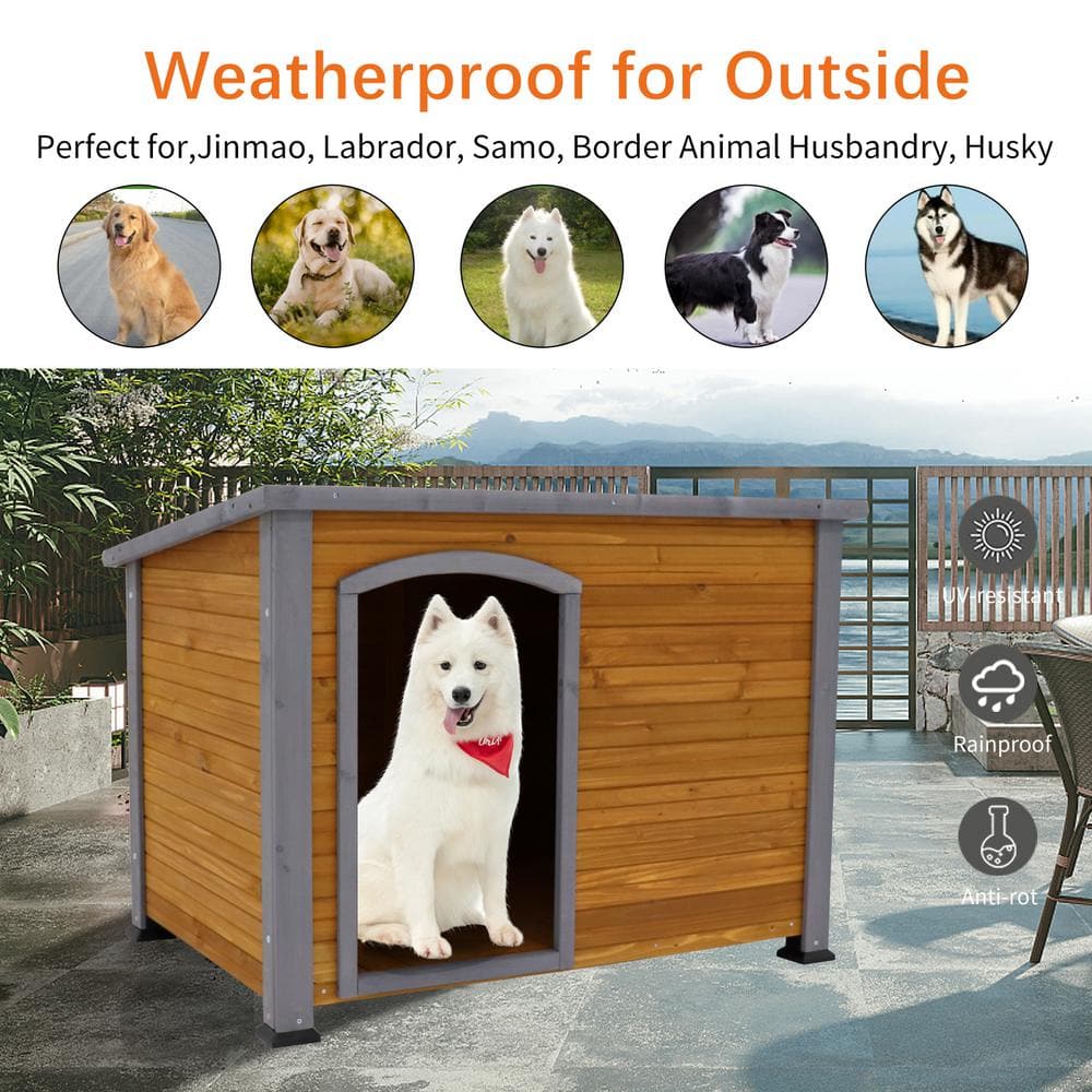 Runesay Natural Dog House Outdoor and Indoor Heated Wooden Dog Kennel for Winter with Raised Feet Weatherproof for Large Dogs HOUSE-DOG-03