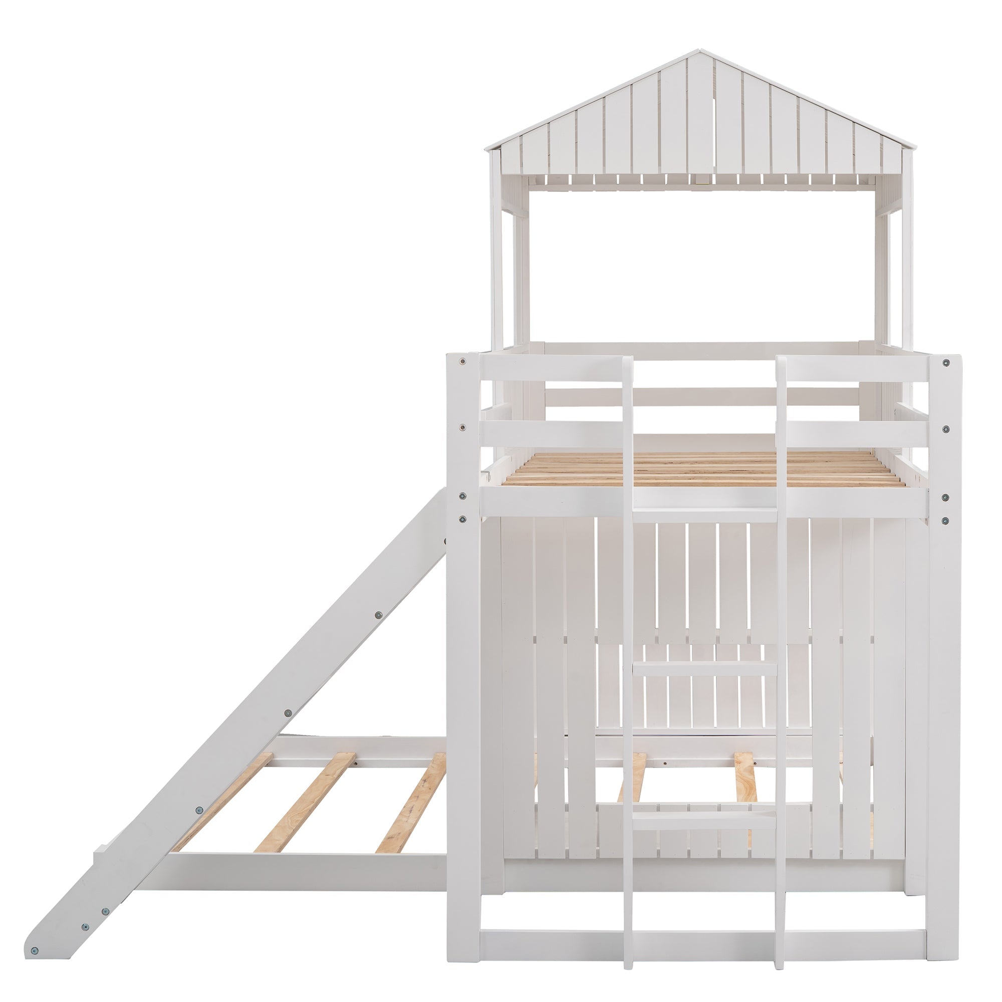 Churanty Twin Over Full Bunk Bed With Slide Wooden House Bunk Bed Playhouse Beds For Kids White