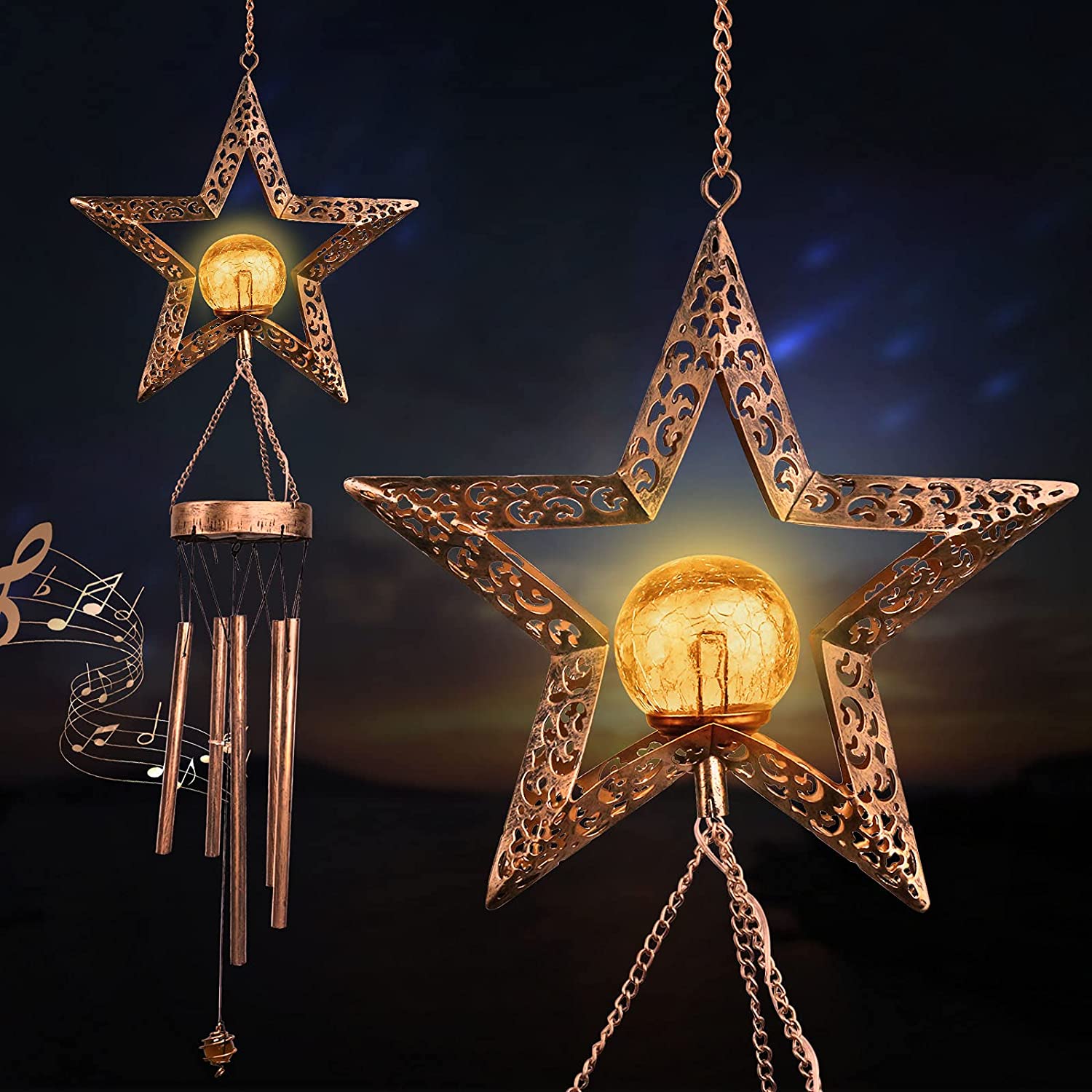 Solar Wind Chimes for Outdoor/Indoor Crackle Glass Ball LED Star Wind Chime， Waterproof Metal Bronze Unique Memorial Sympathy Gift， Hanging Decorative for Garden Home Yard Patio Lawn