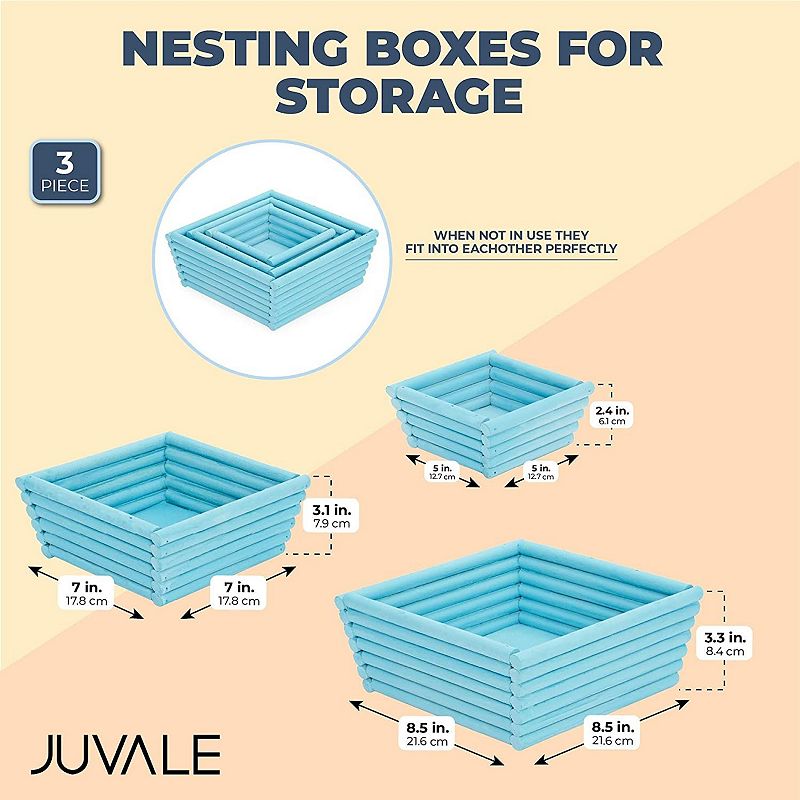 Blue Wooden Crate Nesting Boxes for Storage， Angled Design (3 Sizes， 3 Pieces)