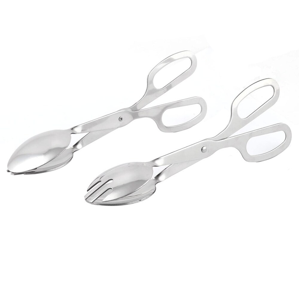 Food Cake Barbecue Stainless Steel Scissors Style Tong Clip Clamp 2 PCS   Silver Tone