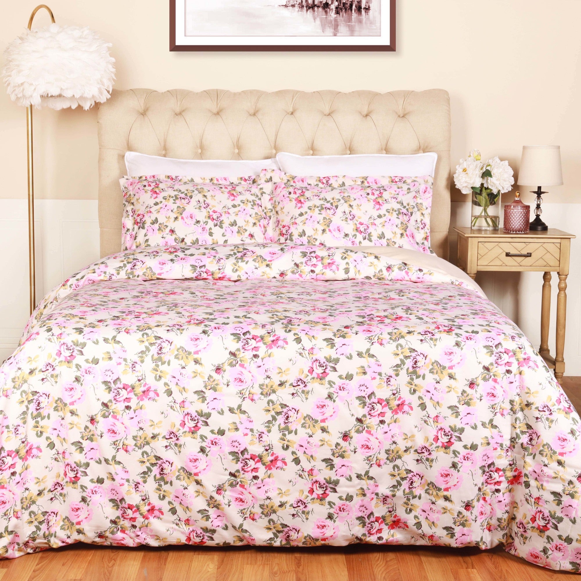 Superior Cotton Duvet Cover Set With Pillow Shams Vintage Floral， Cream， Twin/Twin XL