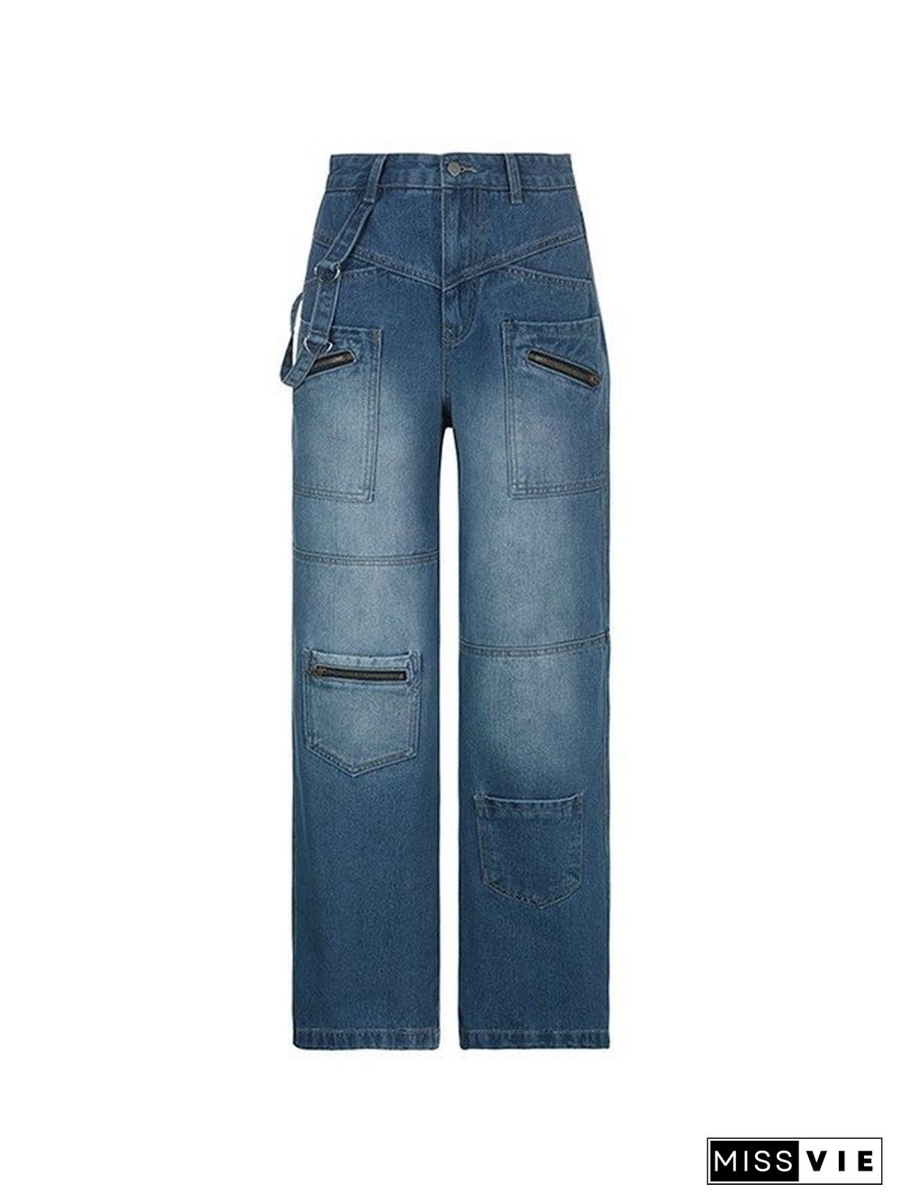 Patchwork Blue Wash Baggy Cargo Jeans