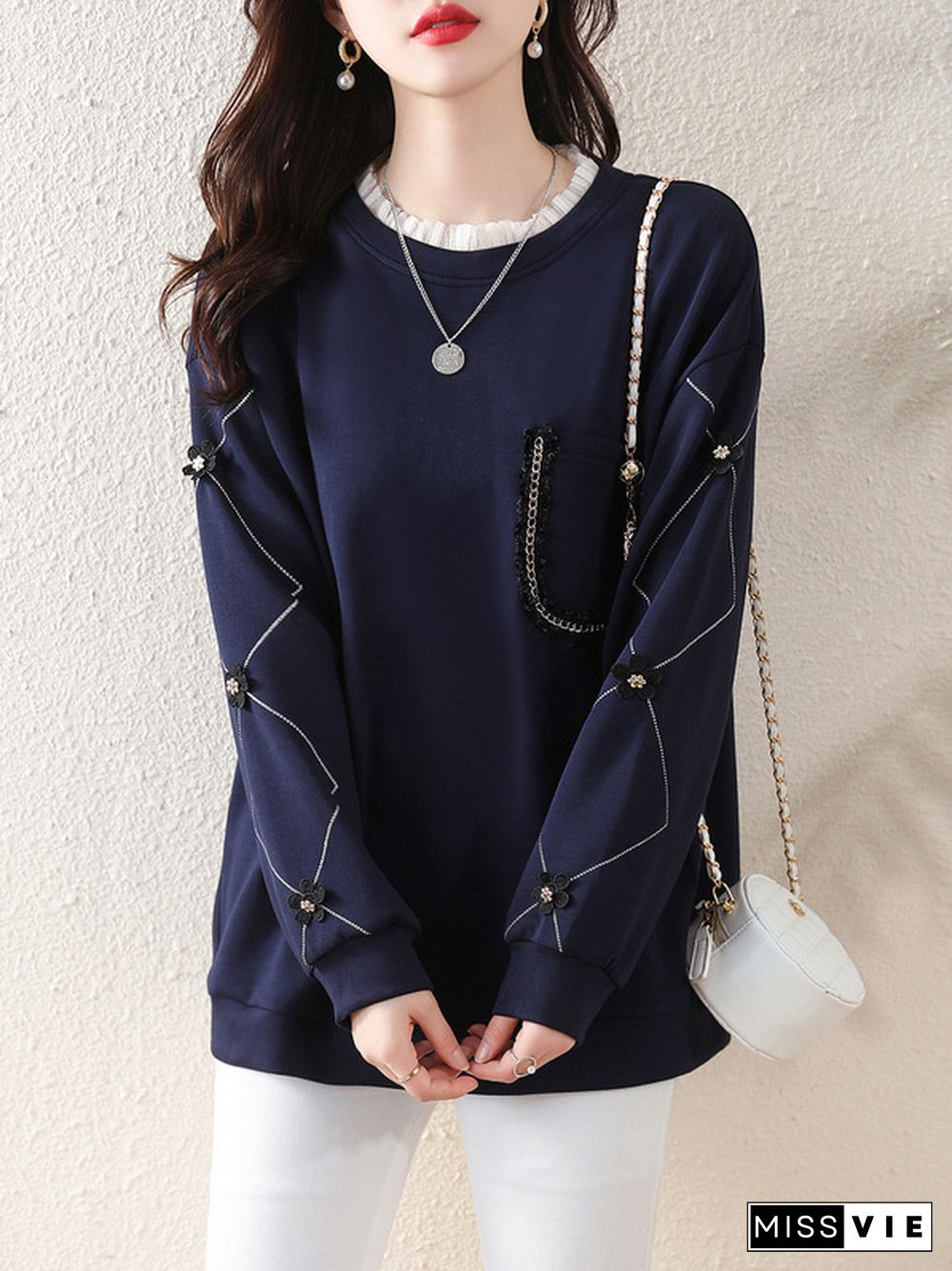 Long Sleeves Loose Chains Pockets Ruffled Split-Joint Three-Dimensional Flower Round-Neck T-Shirts Tops