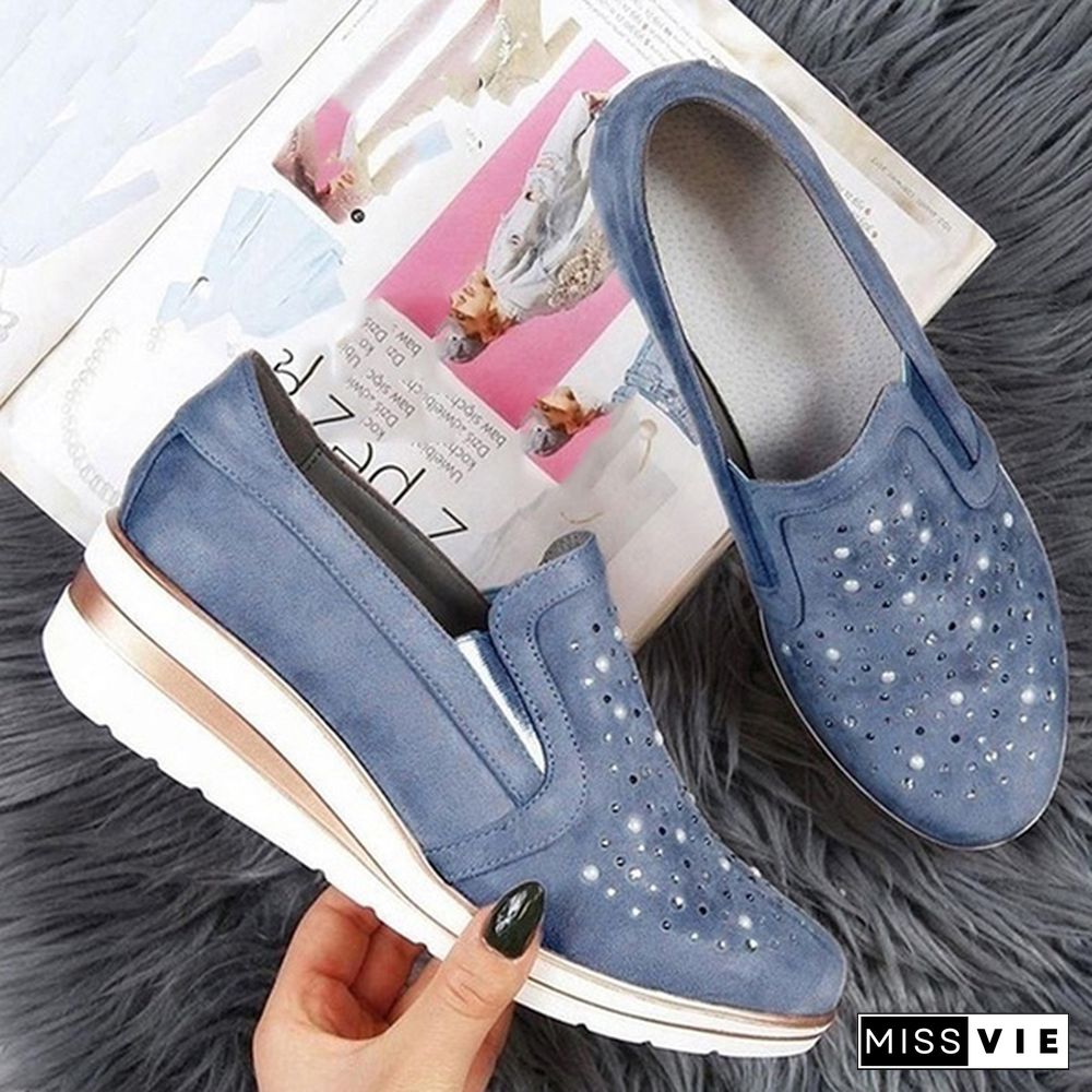 Women Casual Thick Sole Single Shoes Rhinestones Sandals Breathable Wedge Shoes