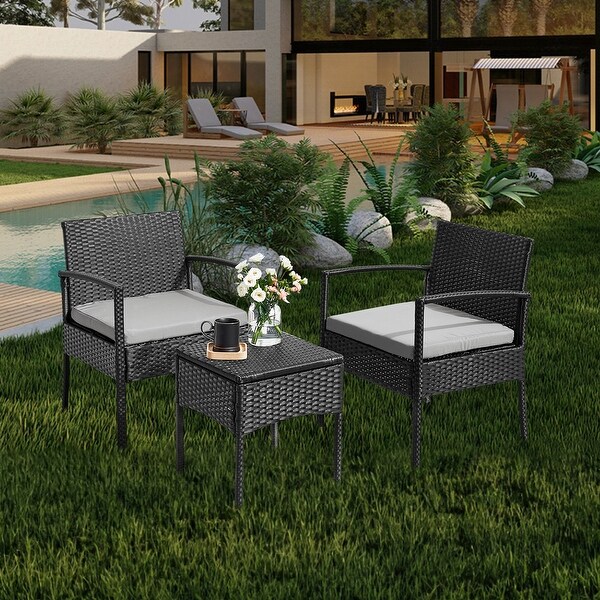 Outdoor Furniture 3 Piece Patio Bistro Furniture Set，Rattan Conversation Chairs Set with Side Table and Cushions