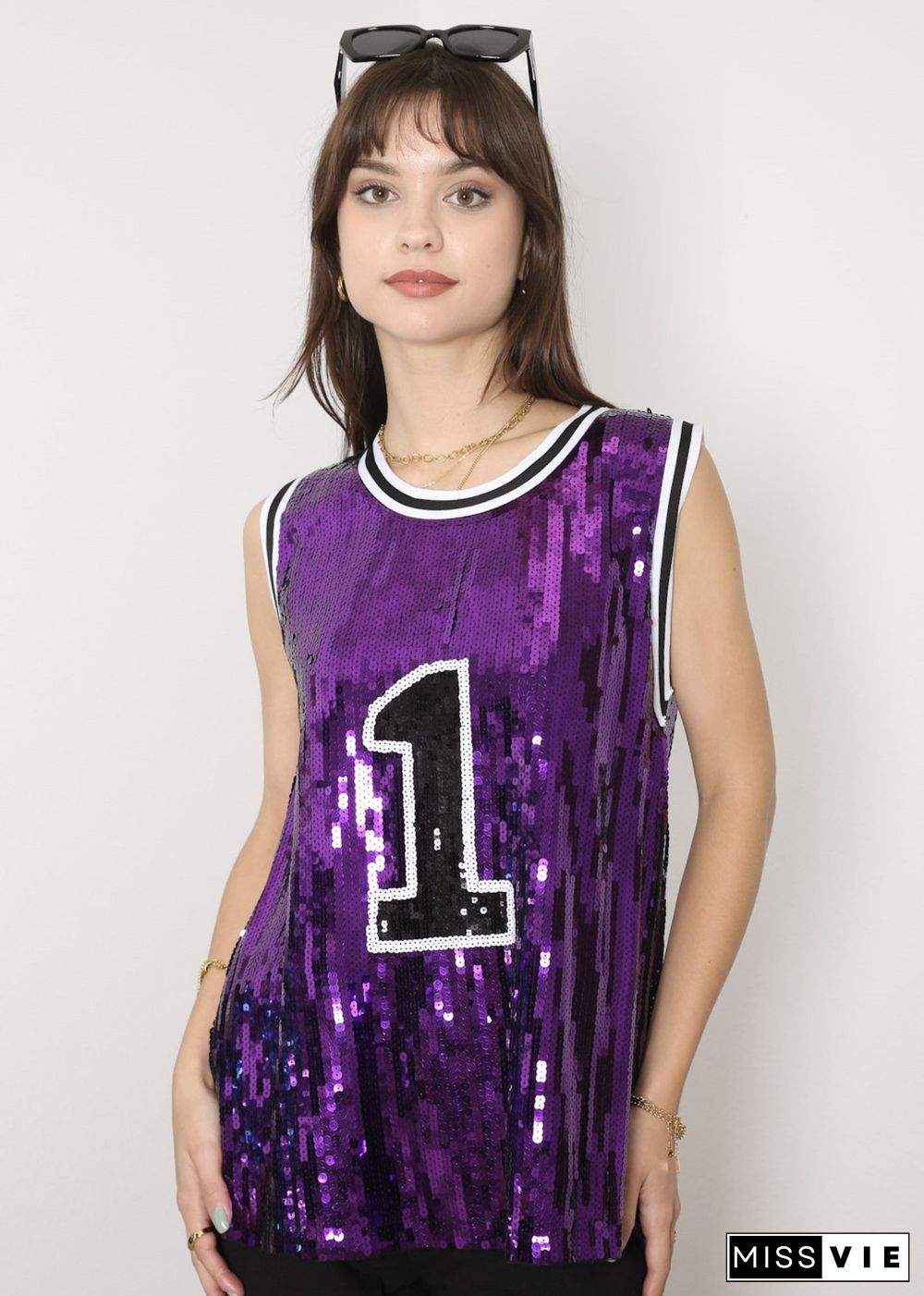 Sparkle Glitter Hip Hop Number 1 T-Shirt Top Blouse Tunic Sequins Basketball Tank Vests