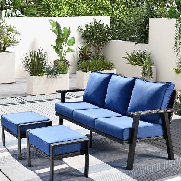 OVIOS Outdoor 3piece Wicker Sectional Sofa Set With Ottoman Steel Frame