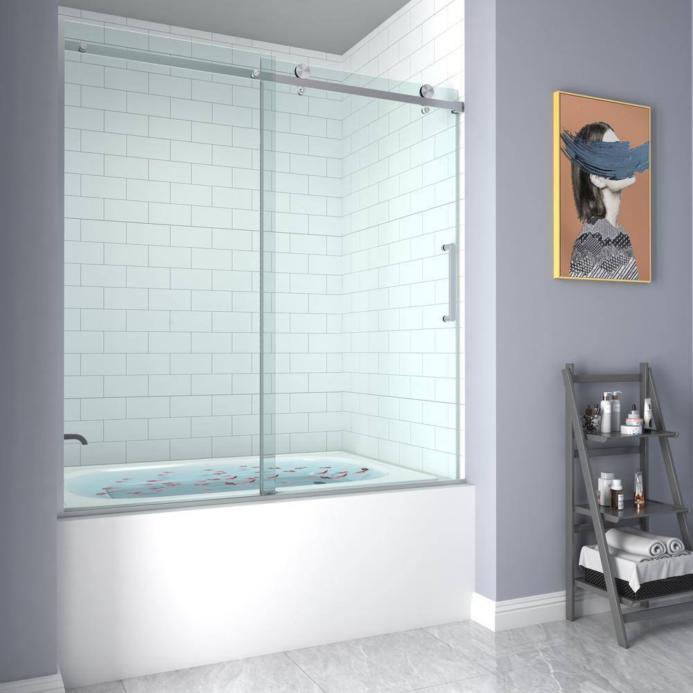 HOROW 55 in. - 59 in. W x 60 in. H Contemporary Single Sliding Frameless Bathtub Door in Brushed Nickel with Clear Glass HR-TE5960BN