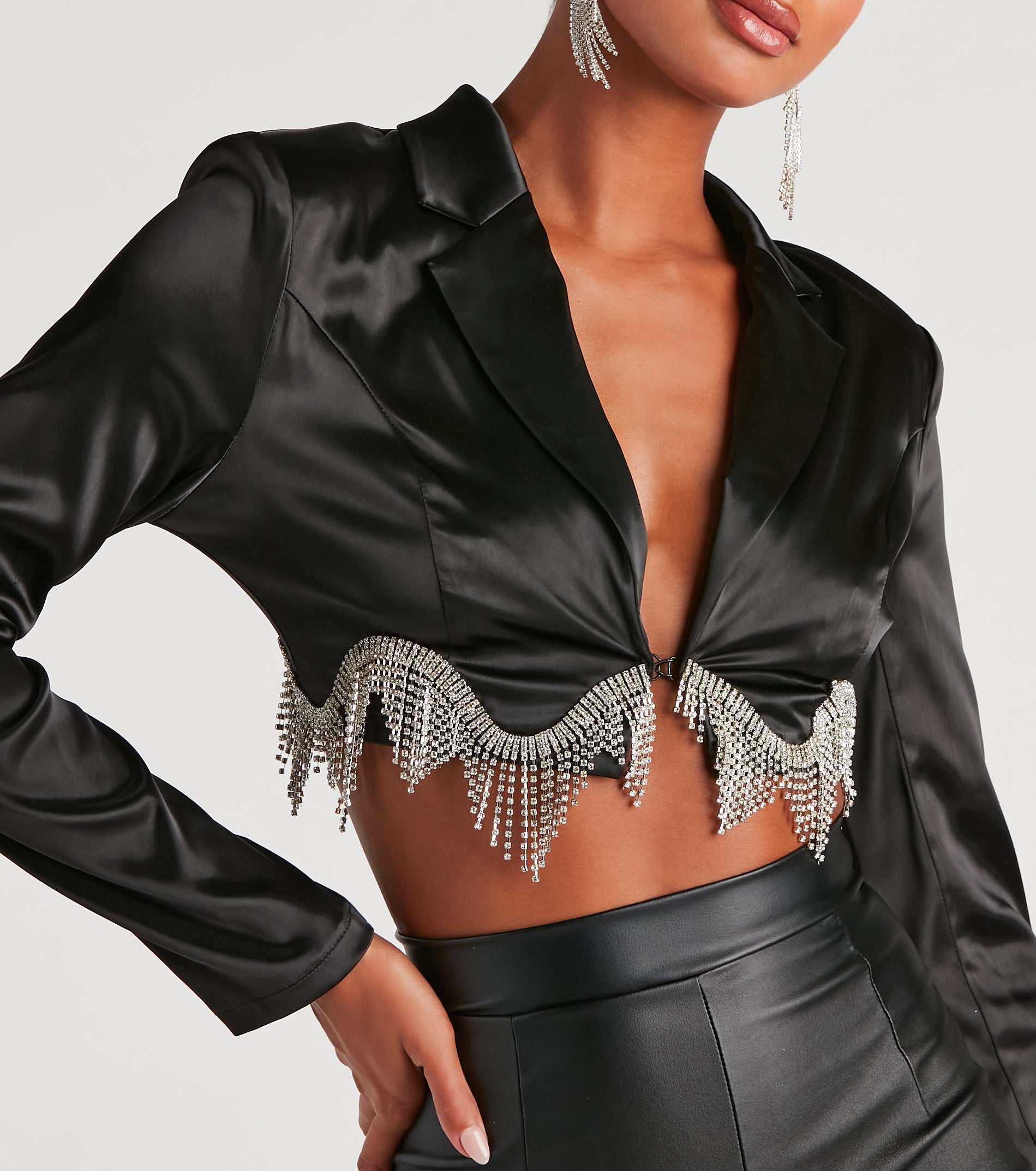 Iconic Glam Rhinestone Satin Cropped Blazer