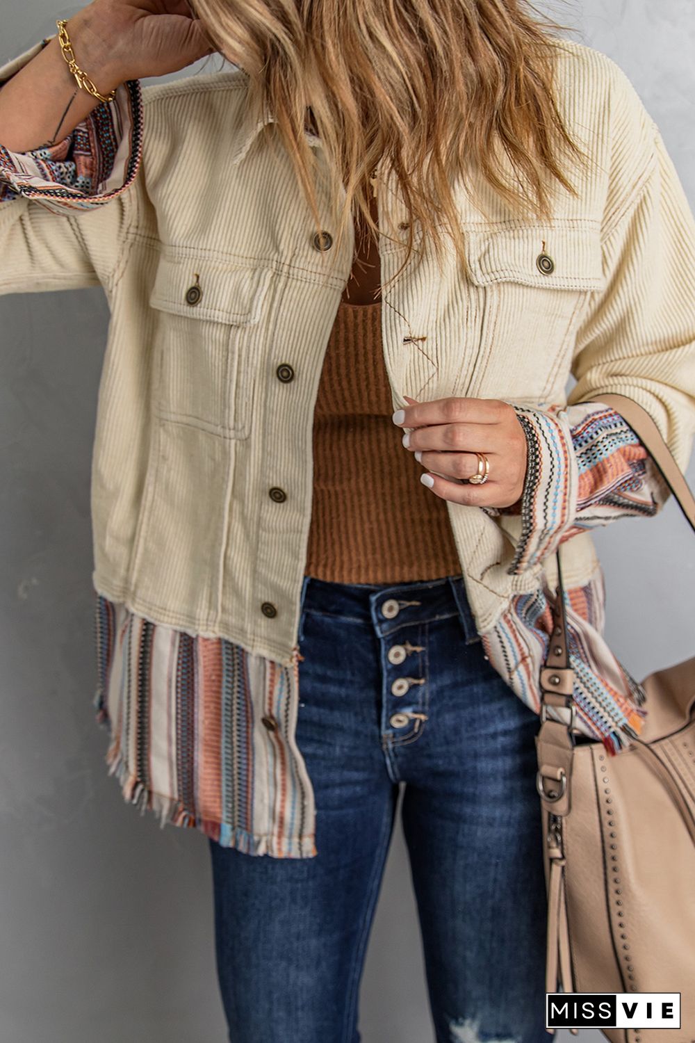 Button Up Pockets Striped Color Block Corduroy Jacket