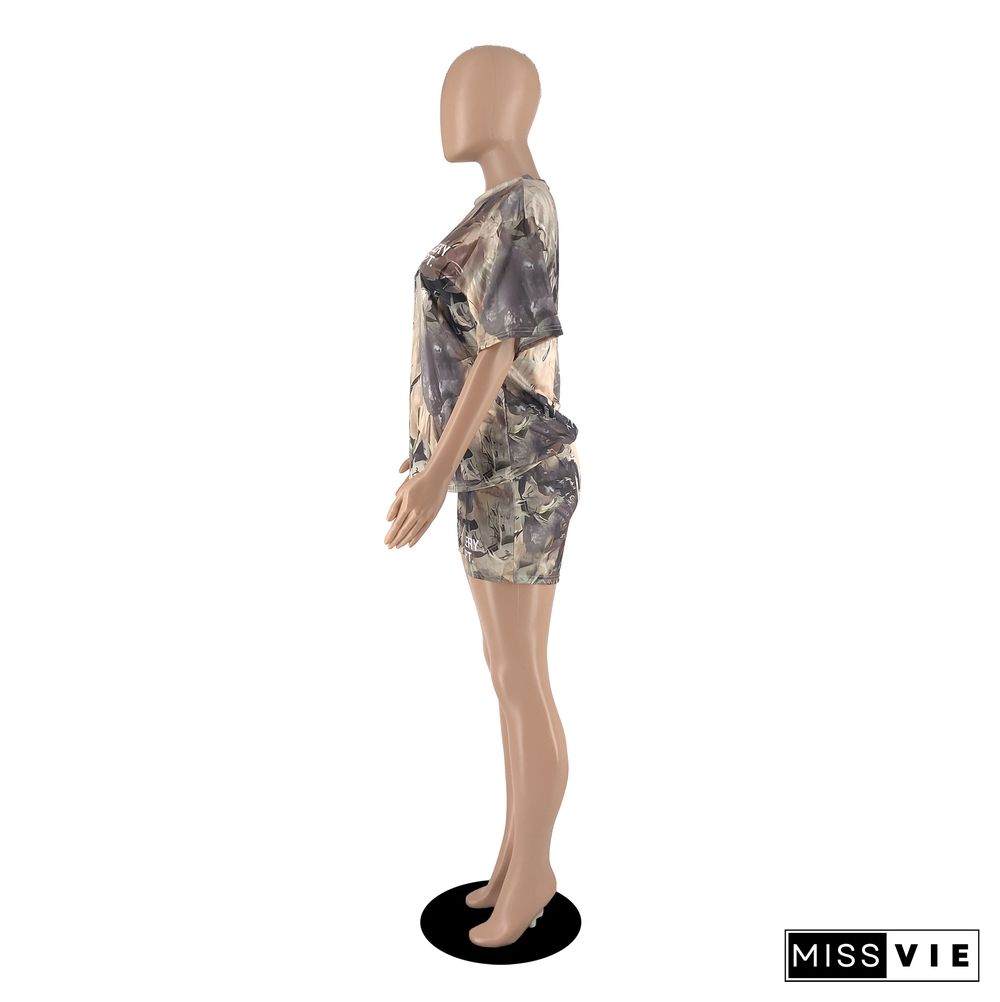 Camo Print Short Sleeve T Shirt Biker Shorts Tracksuits