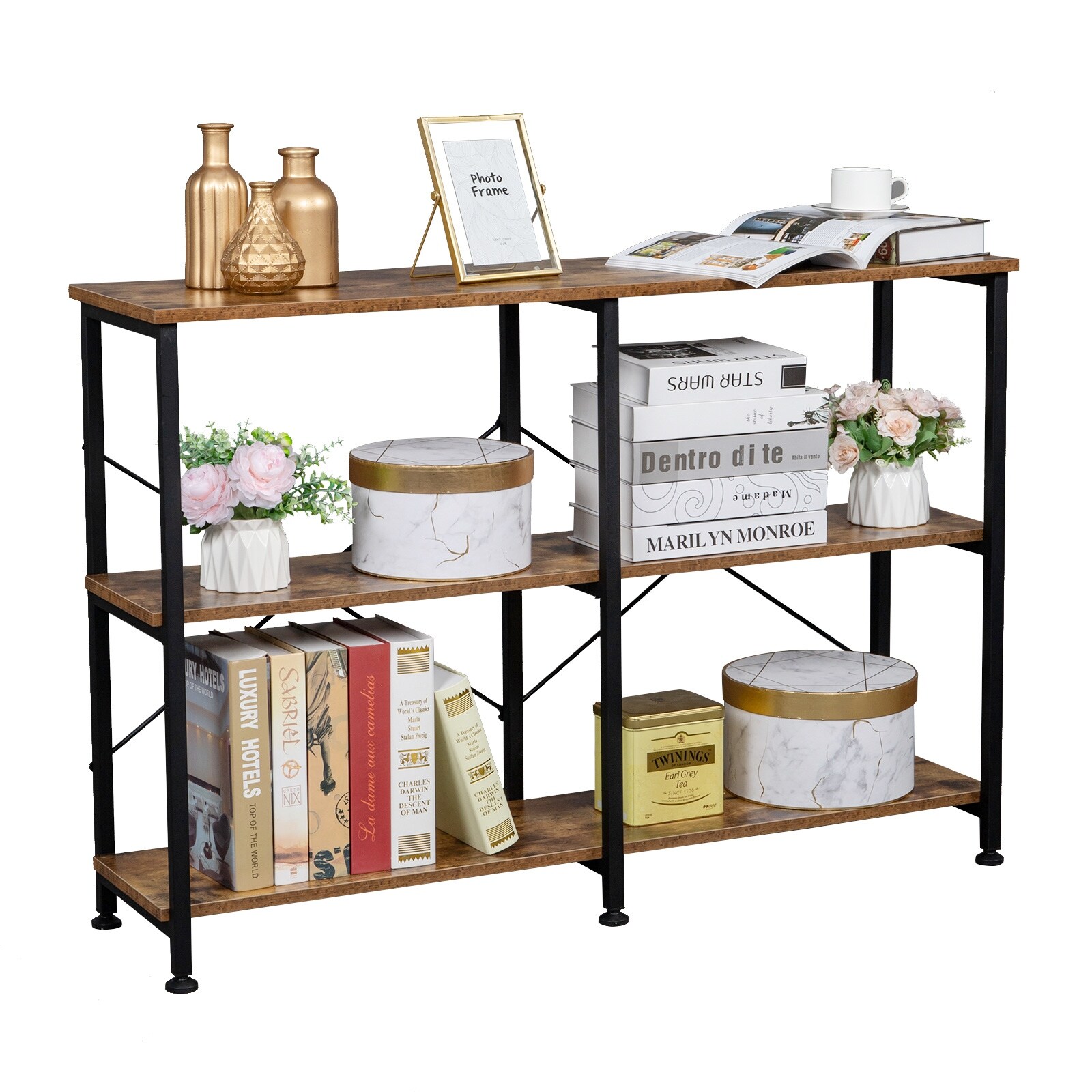 3-Tier Console Sofa Table， Industrial Foyer Table for Living Room， Entry Way， Hallway， Rustic Brown RT - 44.5