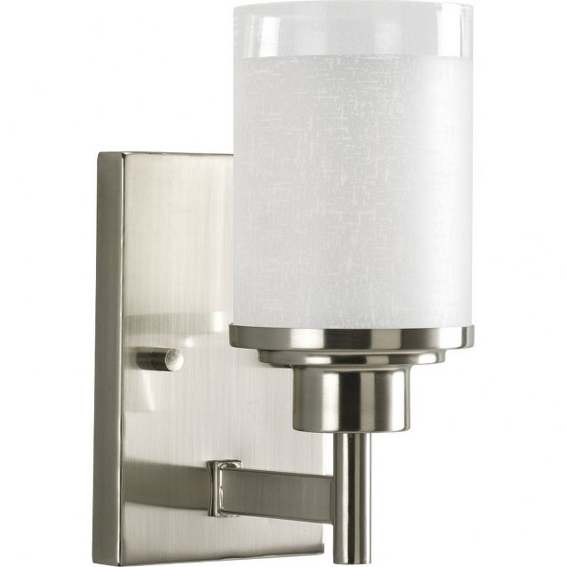 Progress Lighting Alexa 1 light Bath Sconce Brushed Nickel White Linen Glass Shade