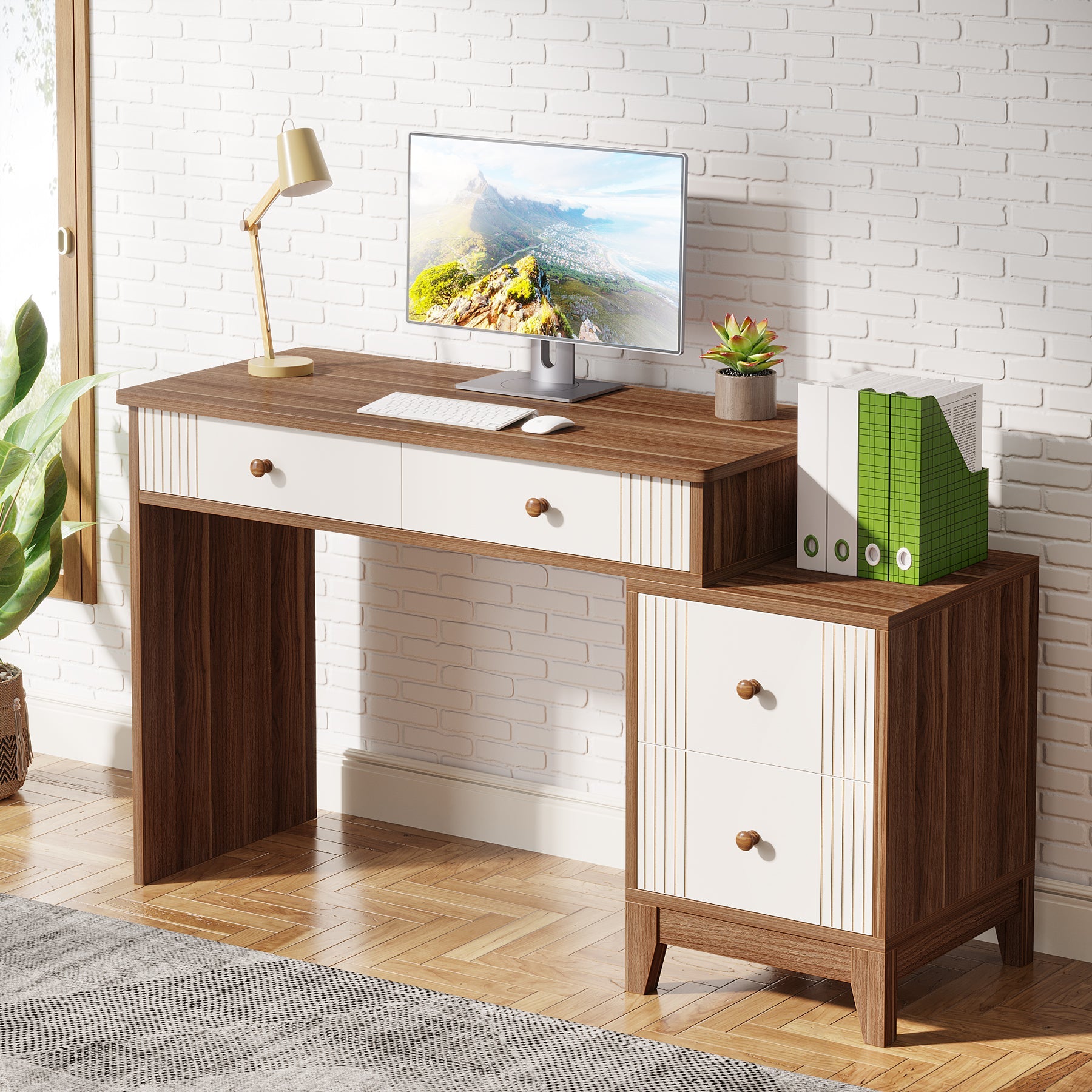 4-Drawer Computer Desk, Wooden Study Writing Table with Storage