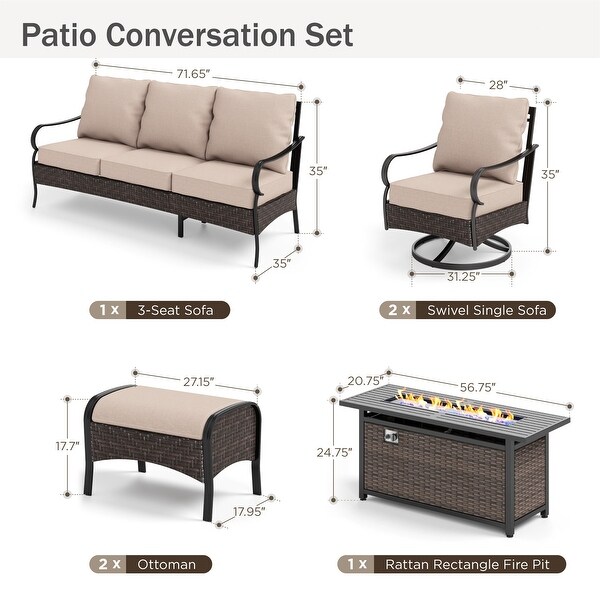 MAISON ARTS 4/6Piece HeavyDuty Oversized Metal Conversation Set with Fire Pit Table，3Seat Sofa，Swivel Chairs，Ottoman(s)