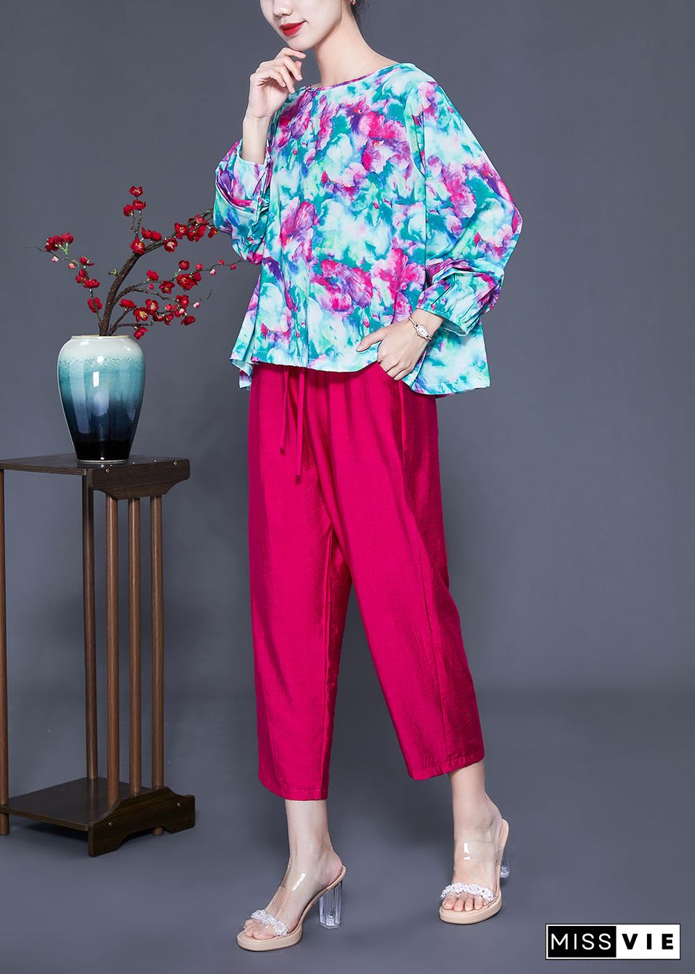 Art O-Neck Oversized Print Tops And Pants Two Pieces Set Batwing Sleeve