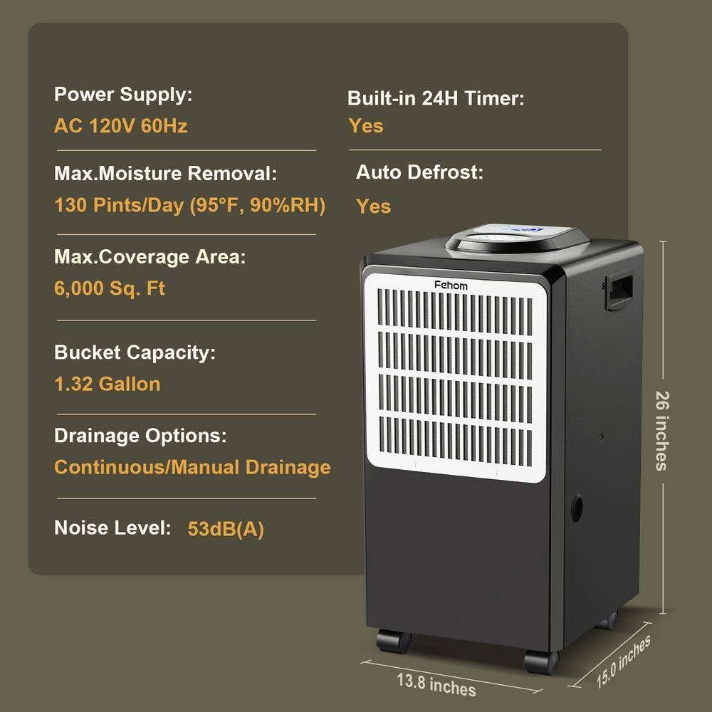 Fehom 130-Pint Mid-size Commercial Dehumidifier For Spaces up to 6000 sq ft. Lncludes Drain Hose 1.32 gal. Water Tank Black HDCX-YDA-858F-1