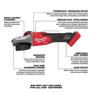 MW M18 FUEL 18V Lithium-Ion Brushless Cordless 5 in. Flathead Braking Grinder with Slide Switch Lock-On w6.0 ah Battery 2887-20-48-11-1865