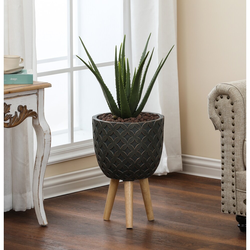 Butterfly Embossed Brown 12.3 Inch Round MgO Planter with Wood Legs