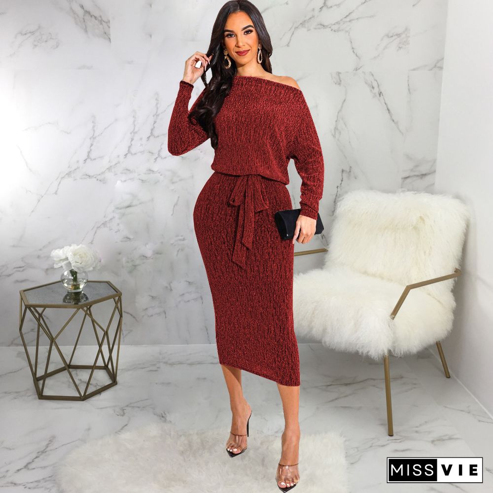 Shiny Robe Long Sleeve Wrap Lace-up Belt Maxi Dress